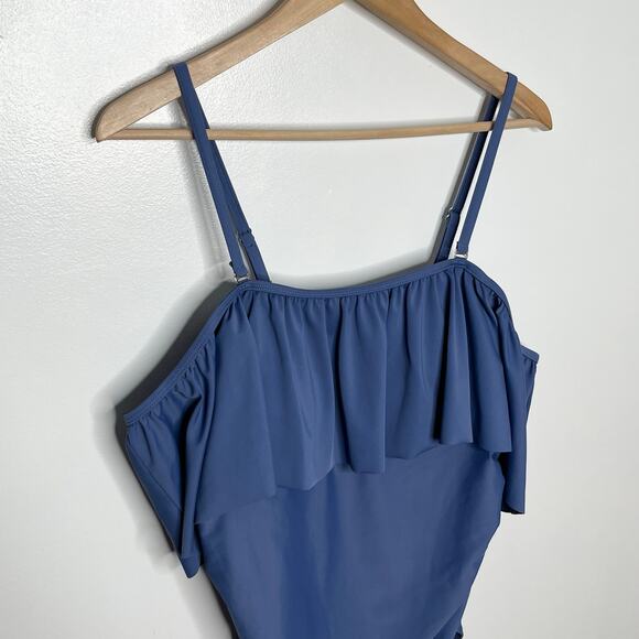 Pink Blush Womens One Piece Swimsuit 1X Blue Ruffle Trim Ruched Maternity - Picture 5 of 13